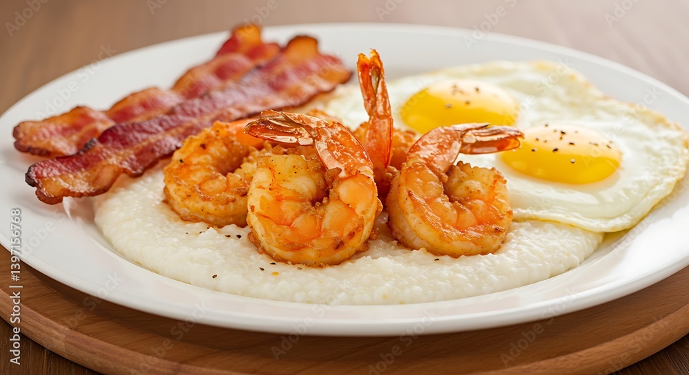 Eating Shrimp and Grits with Fried Eggs and Bacon Breakfast Eating Shrimp and Grits with Fried Eggs and Bacon Breakfast