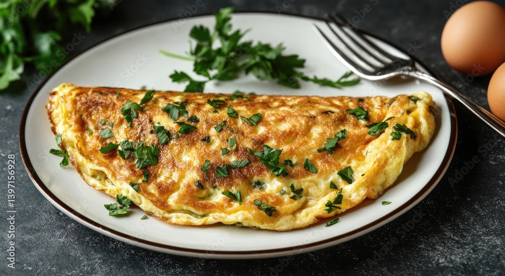 A savory, parsley-topped omelet on a plate. A savory, parsley-topped omelet on a plate.