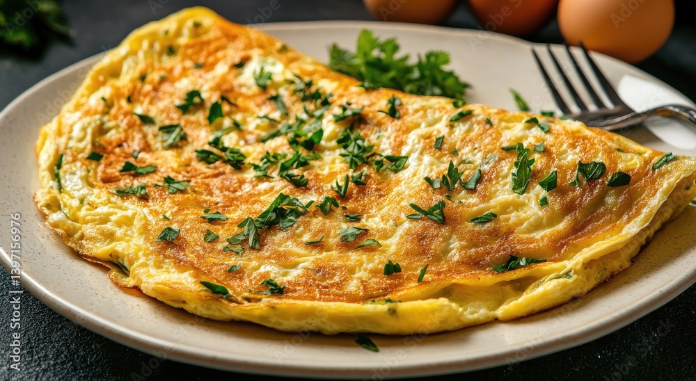 A golden, flavorful omelet garnished with fresh herbs. A golden, flavorful omelet garnished with fresh herbs.