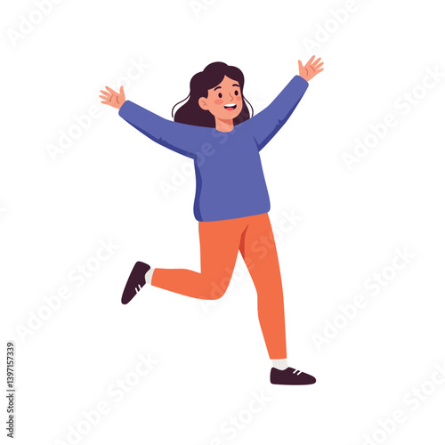 Happy young woman in casual clothing joyfully running with outstretched arms in a flat vector illustration