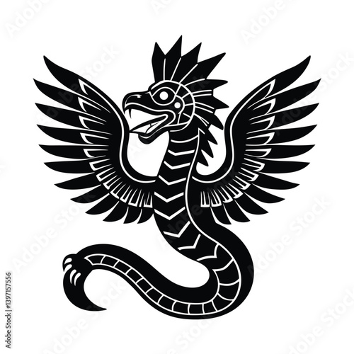 Aztec Winged Serpent Illustration Black And White Mythological Creature Design