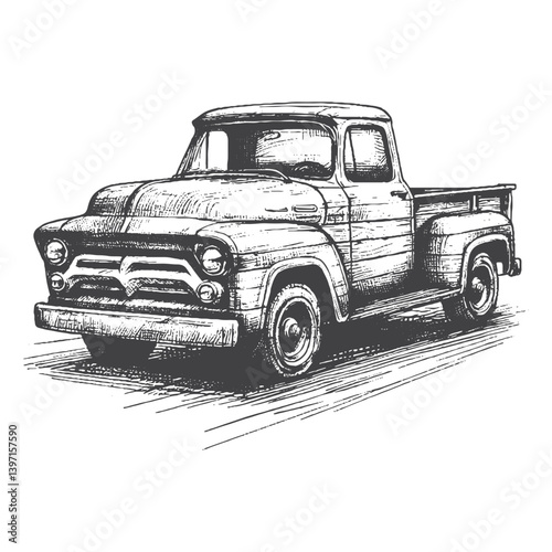 Hand-Drawn Vintage Pickup Truck Vector – Sketch Style Classic Vehicle Illustration for T-Shirts, Stickers, and Posters