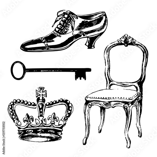 アンティークな椅子 くつ,鍵,王冠