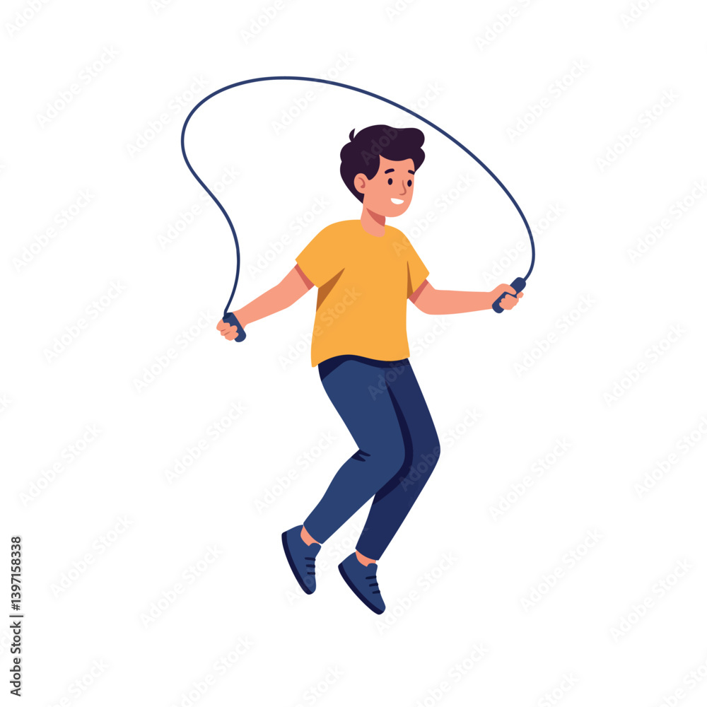 Obraz premium A young boy jumping joyfully with a skipping rope in a playful and energetic flat vector illustration