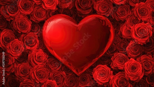 A vibrant red heart surrounded by a profusion of roses.