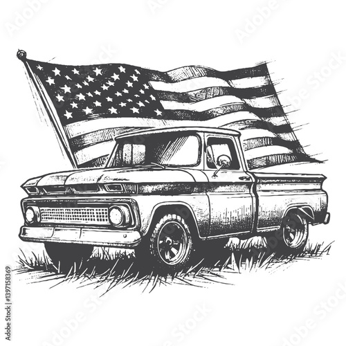 Hand-Drawn Vintage Pickup Truck Vector – Sketch Style Classic Vehicle Illustration for T-Shirts, Stickers, and Posters