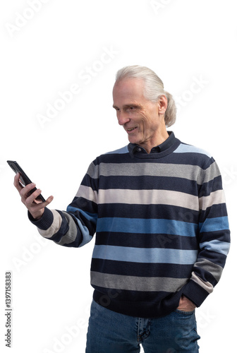 Smiling senior man using smartphone on white background