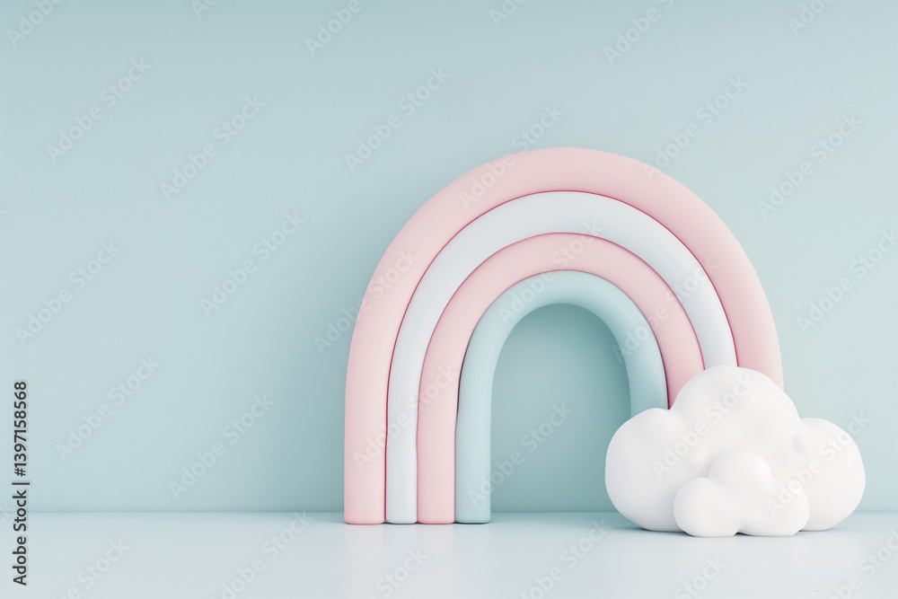 Fototapeta premium Soft pastel rainbow in baby pink and blue with fluffy clouds on mint background, cute minimal nursery design