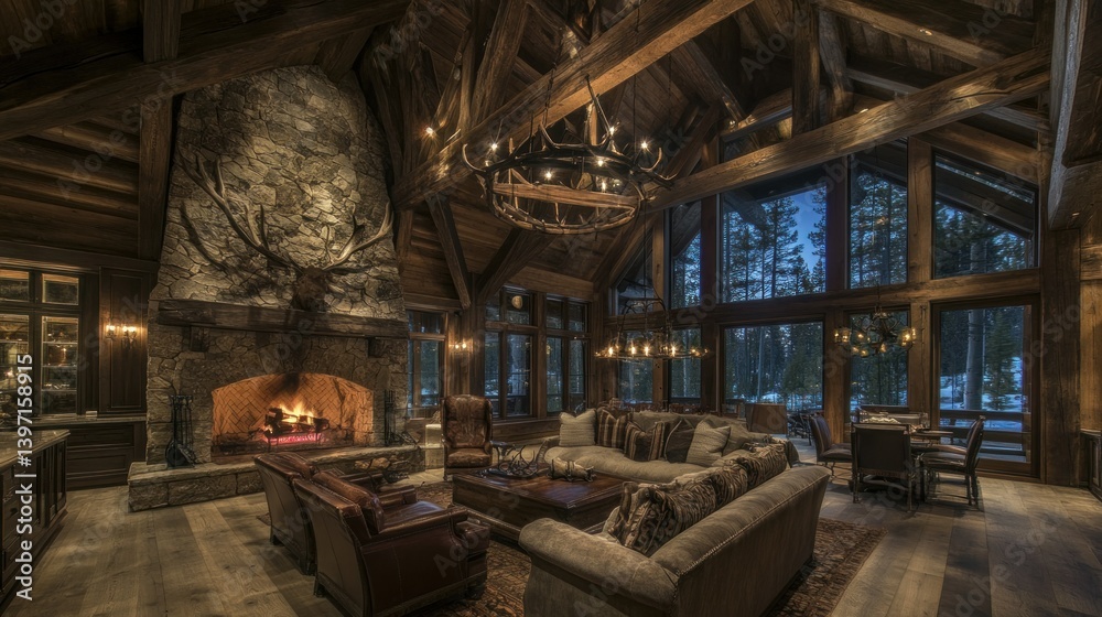 Luxurious rustic living room with large stone fireplace and windows Luxurious rustic living room with large stone fireplace and windows