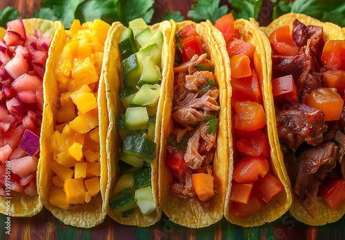 Wallpaper Mural Vibrant Tacos Dish Featuring Crunchy and Soft Shells, Spicy Meats, Creamy Cheeses, and Fresh Vegetables on a Bright Color Scheme Torontodigital.ca