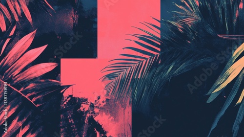 An abstract image featuring palm leaves in a dark and moody color palette.