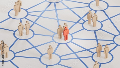 3D illustration of Wooden piece linked together by many reden lines. Social connections concept.3D rendering on white background.