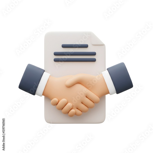 3D Render of a Business Deal: Hands Shaking on a Contract Document