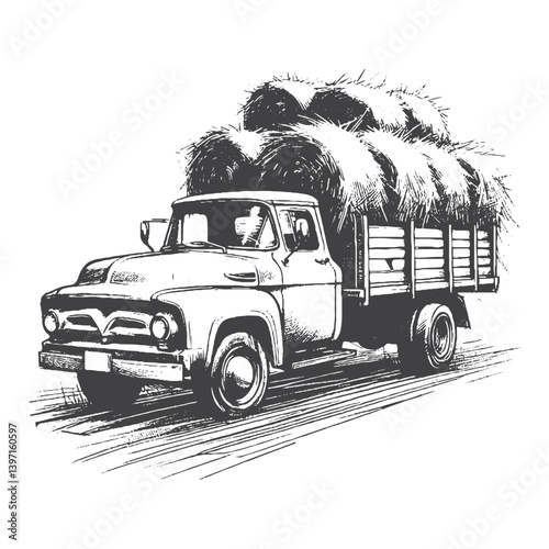 Hand-Drawn Vintage Pickup Truck Vector – Sketch Style Classic Vehicle Illustration for T-Shirts, Stickers, and Posters
