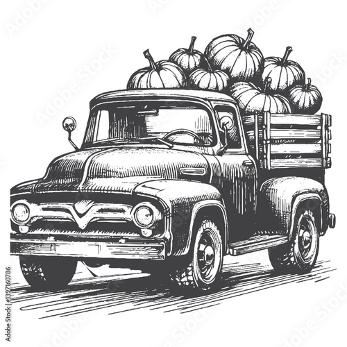 Hand-Drawn Vintage Pickup Truck Vector – Sketch Style Classic Vehicle Illustration for T-Shirts, Stickers, and Posters