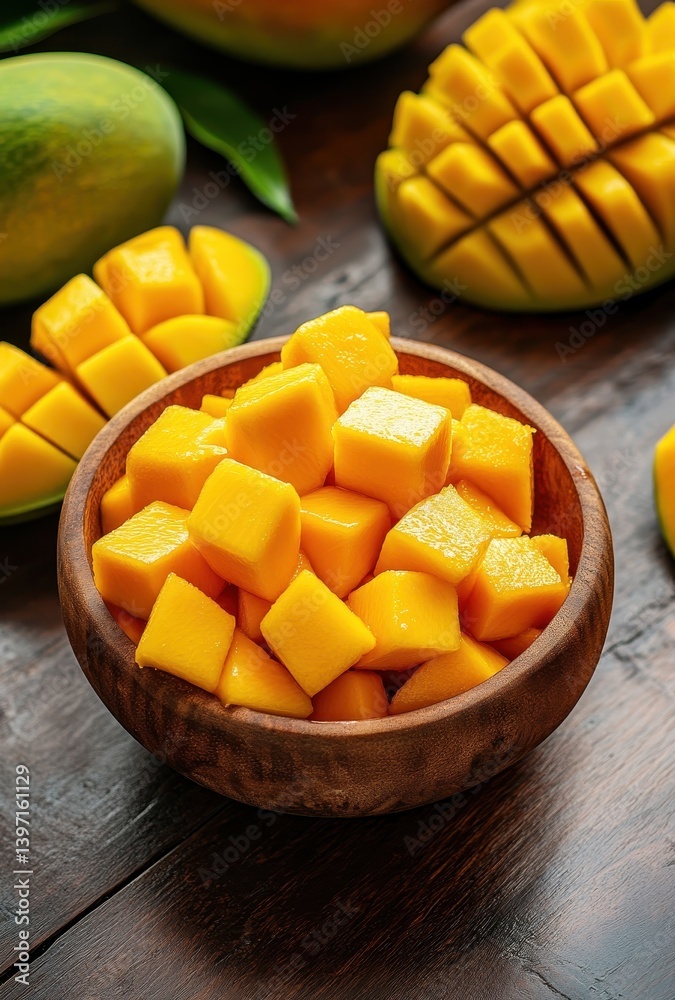 Fresh and delicious mango cubes in a wooden bowl surrounded by whole mangoes and sliced mango with vibrant yellow color on a wooden table Fresh and delicious mango cubes in a wooden bowl surrounded by whole mangoes and sliced mango with vibrant yellow color on a wooden table