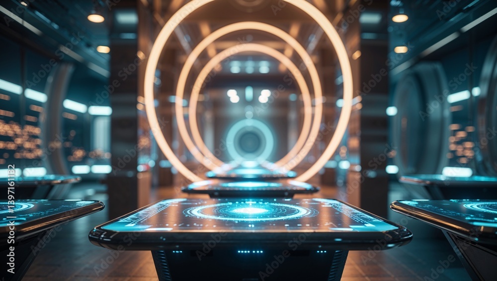 Mesmerizing futuristic workspace filled with high-tech interactive displays and glowing circular lights Mesmerizing futuristic workspace filled with high-tech interactive displays and glowing circular lights