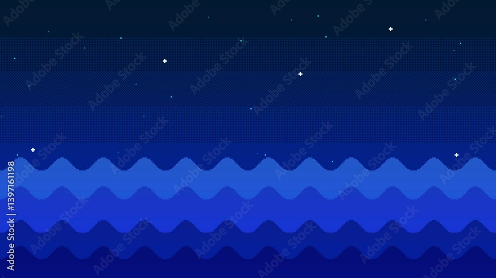 Pixel art animation of background with sea waves at night against ...