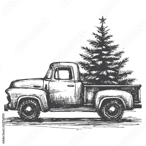 Hand-Drawn Vintage Pickup Truck Vector – Sketch Style Classic Vehicle Illustration for T-Shirts, Stickers, and Posters