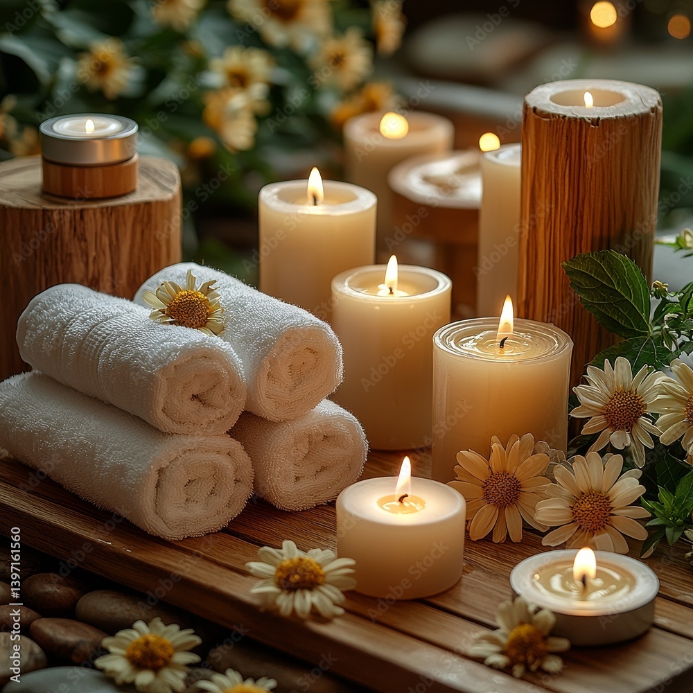 Relaxation is achieved in a peaceful spa environment that features flavored candles and a white decor Relaxation is achieved in a peaceful spa environment that features flavored candles and a white decor