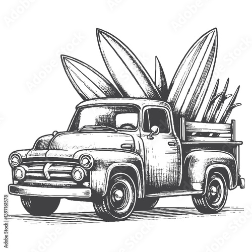 Hand-Drawn Vintage Pickup Truck Vector – Sketch Style Classic Vehicle Illustration for T-Shirts, Stickers, and Posters