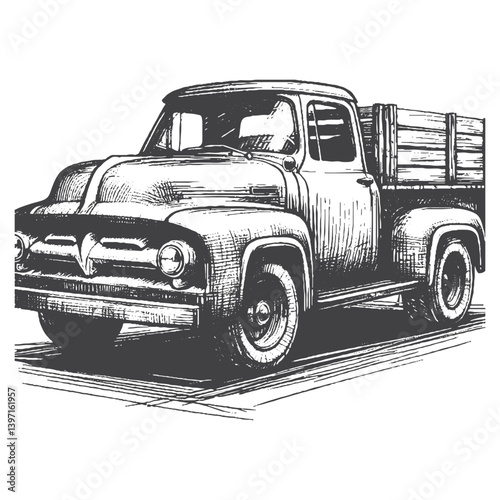 Hand-Drawn Vintage Pickup Truck Vector – Sketch Style Classic Vehicle Illustration for T-Shirts, Stickers, and Posters