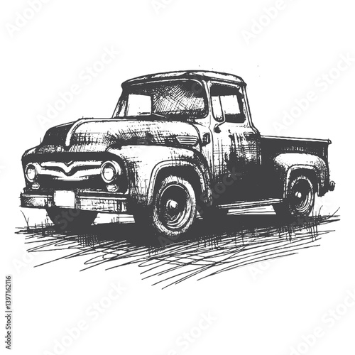 Hand-Drawn Vintage Pickup Truck Vector – Sketch Style Classic Vehicle Illustration for T-Shirts, Stickers, and Posters