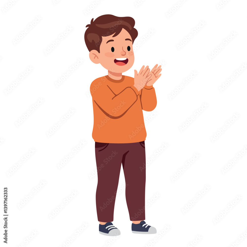 Cheerful young boy clapping his hands in a joyful celebration, dressed in casual orange sweater and brown pants, flat vector illustration Cheerful young boy clapping his hands in a joyful celebration, dressed in casual orange sweater and brown pants, flat vector illustration
