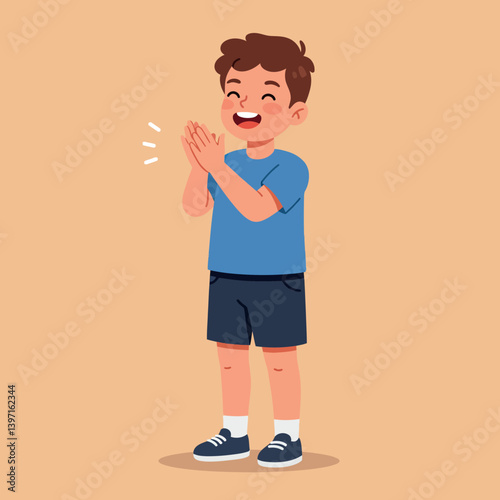 Happy young boy clapping his hands in a cheerful manner wearing a blue shirt and shorts in a playful flat vector illustration