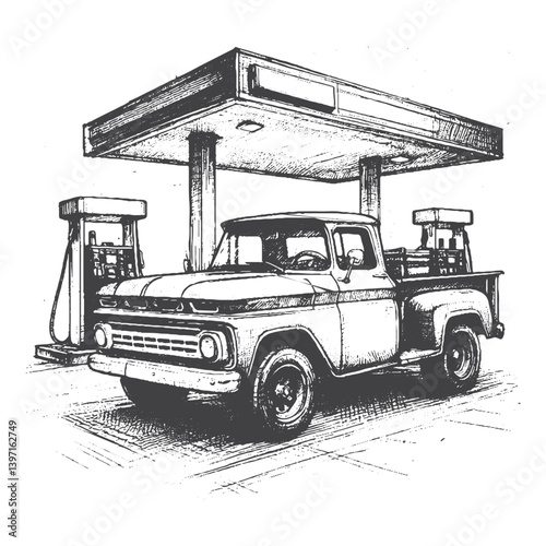 Hand-Drawn Vintage Pickup Truck Vector – Sketch Style Classic Vehicle Illustration for T-Shirts, Stickers, and Posters