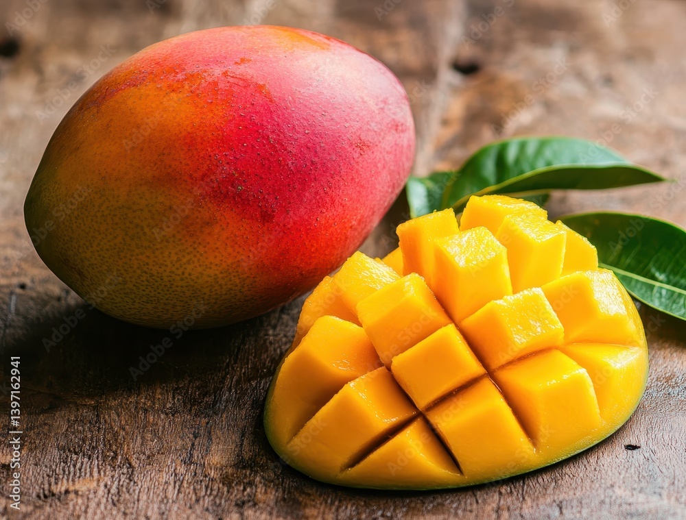 Fresh and Juicy Mango with Cut Sections on Wooden Background, Displaying Vibrant Colors of Yellow, Green, and Red for Culinary and Healthy Lifestyle Concepts Fresh and Juicy Mango with Cut Sections on Wooden Background, Displaying Vibrant Colors of Yellow, Green, and Red for Culinary and Healthy Lifestyle Concepts