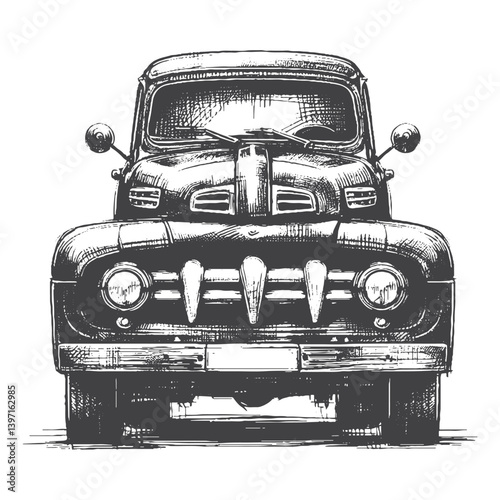 Hand-Drawn Vintage Pickup Truck Vector – Sketch Style Classic Vehicle Illustration for T-Shirts, Stickers, and Posters