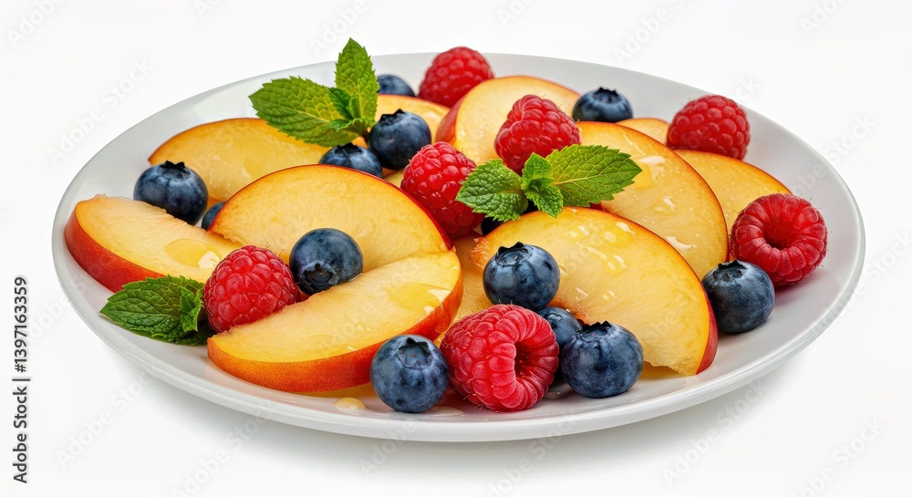 Vibrant Berry Nectarine Salad Plate - Juicy Nectarine Raspberry Blueberry Fresh Fruit Mix Presentation Vibrant Berry Nectarine Salad Plate - Juicy Nectarine Raspberry Blueberry Fresh Fruit Mix Presentation