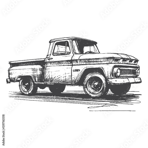 Hand-Drawn Vintage Pickup Truck Vector – Sketch Style Classic Vehicle Illustration for T-Shirts, Stickers, and Posters