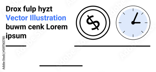 Dollar symbol and clock icon in flat black-and-white style. Ideal for finance, time management, productivity, savings, deadlines, efficiency, abstract line flat metaphor