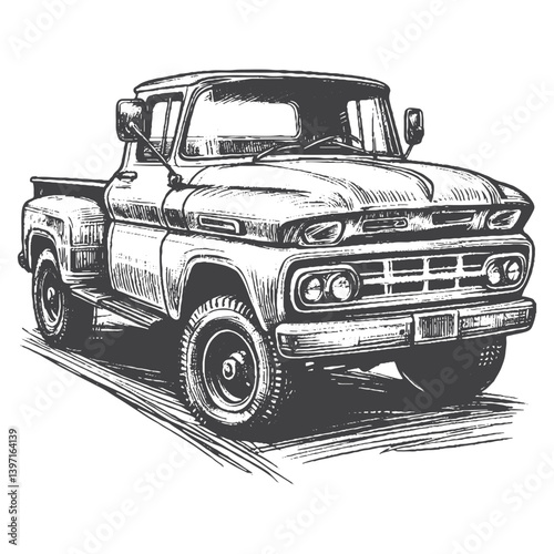 Hand-Drawn Vintage Pickup Truck Vector – Sketch Style Classic Vehicle Illustration for T-Shirts, Stickers, and Posters