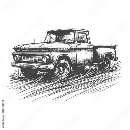 Hand-Drawn Vintage Pickup Truck Vector – Sketch Style Classic Vehicle Illustration for T-Shirts, Stickers, and Posters