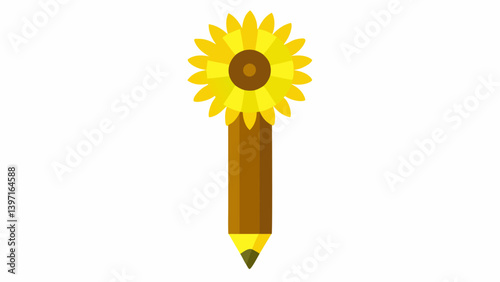 Sunflower Pencil A pencil with a golden yellow body mimics the colors of a sunflower topped with a round textured sunflower head comprising deep brown seeds surrounded by bright