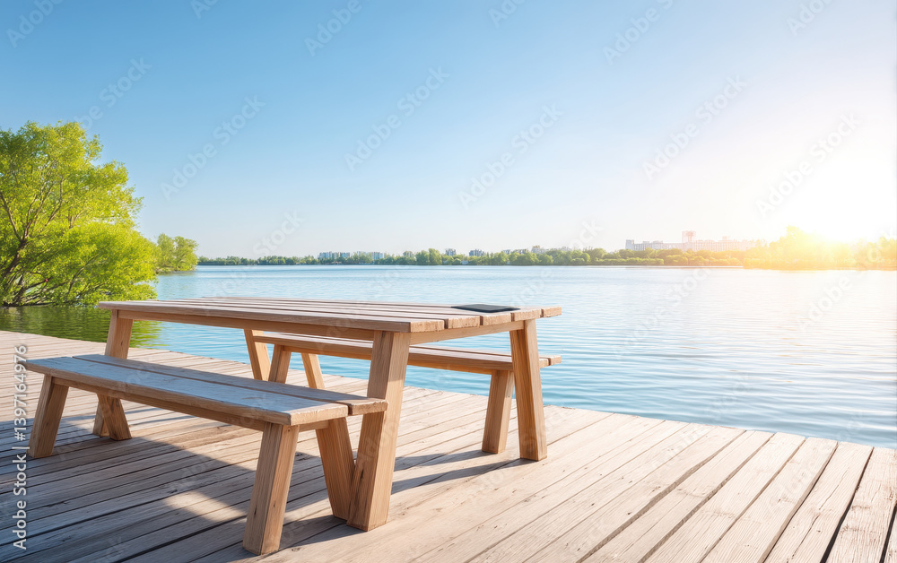 serene lakeside dock features wooden table and bench, surrounded by lush greenery and tranquil water view, perfect for relaxation serene lakeside dock features wooden table and bench, surrounded by lush greenery and tranquil water view, perfect for relaxation