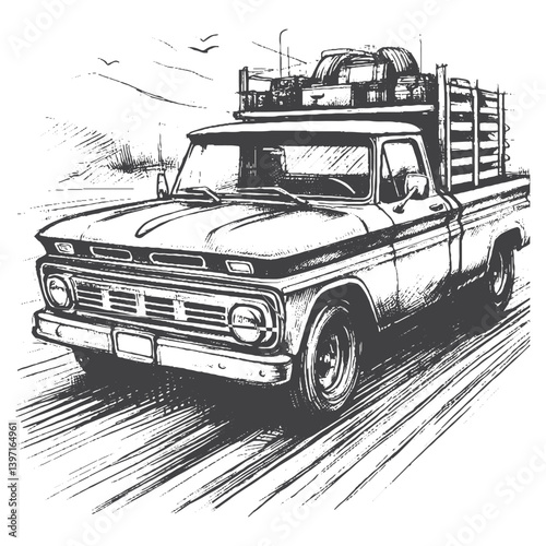 Hand-Drawn Vintage Pickup Truck Vector – Sketch Style Classic Vehicle Illustration for T-Shirts, Stickers, and Posters