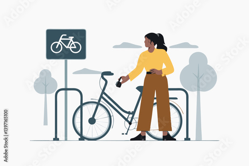 Woman with Bicycle at Bike Parking Vector Illustration