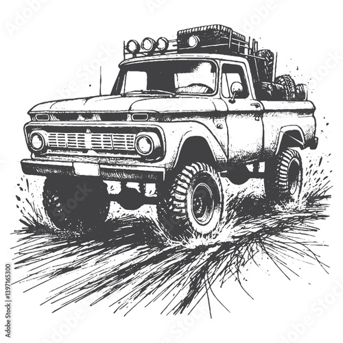 Hand-Drawn Vintage Pickup Truck Vector – Sketch Style Classic Vehicle Illustration for T-Shirts, Stickers, and Posters