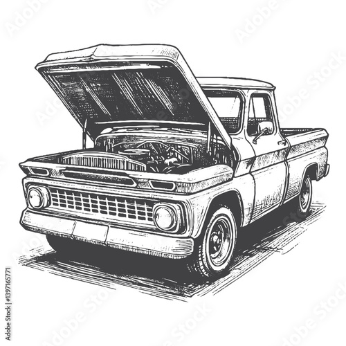 Hand-Drawn Vintage Pickup Truck Vector – Sketch Style Classic Vehicle Illustration for T-Shirts, Stickers, and Posters