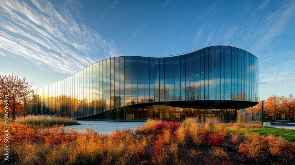 Modern glass building with sleek curves reflects a vibrant autumn landscape under a bright blue sky. Modern glass building with sleek curves reflects a vibrant autumn landscape under a bright blue sky.