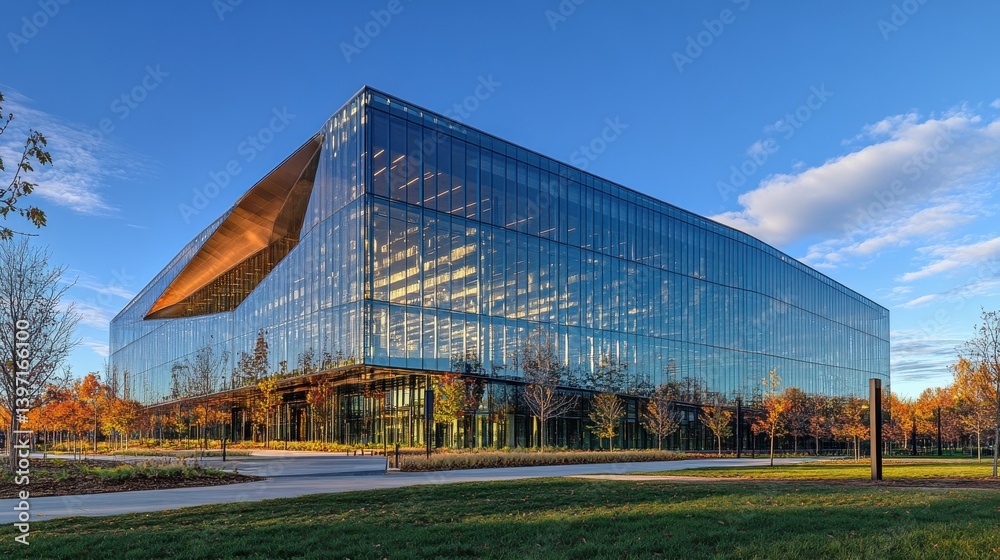 Modern glass building reflecting sky and trees in autumn setting. Modern glass building reflecting sky and trees in autumn setting.