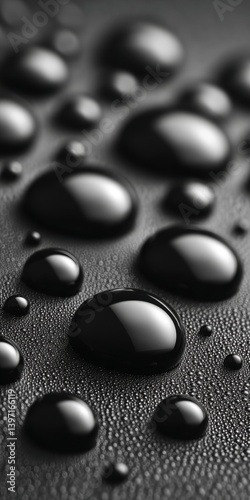 Close up, black and white abstract image of water droplets beaded on a textured surface.