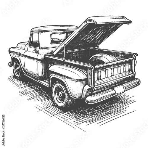 Hand-Drawn Vintage Pickup Truck Vector – Sketch Style Classic Vehicle Illustration for T-Shirts, Stickers, and Posters