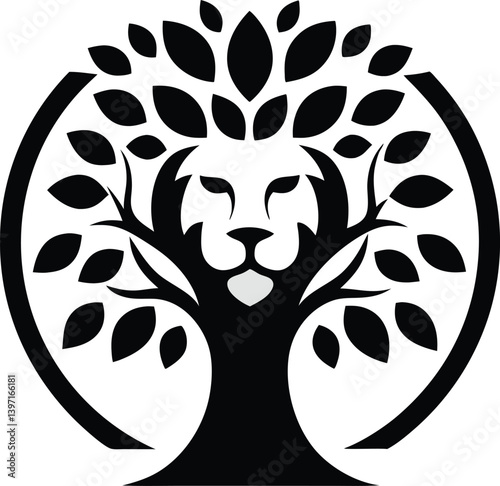 Royal Lion Head Logo with Tree Crown – Elegant and Bold Vector Design	
