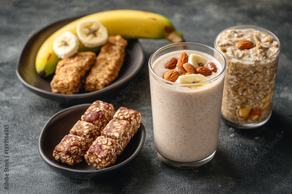 Breakfast for athletes: protein smoothie, porridge with nuts and banana, energy bars Breakfast for athletes: protein smoothie, porridge with nuts and banana, energy bars