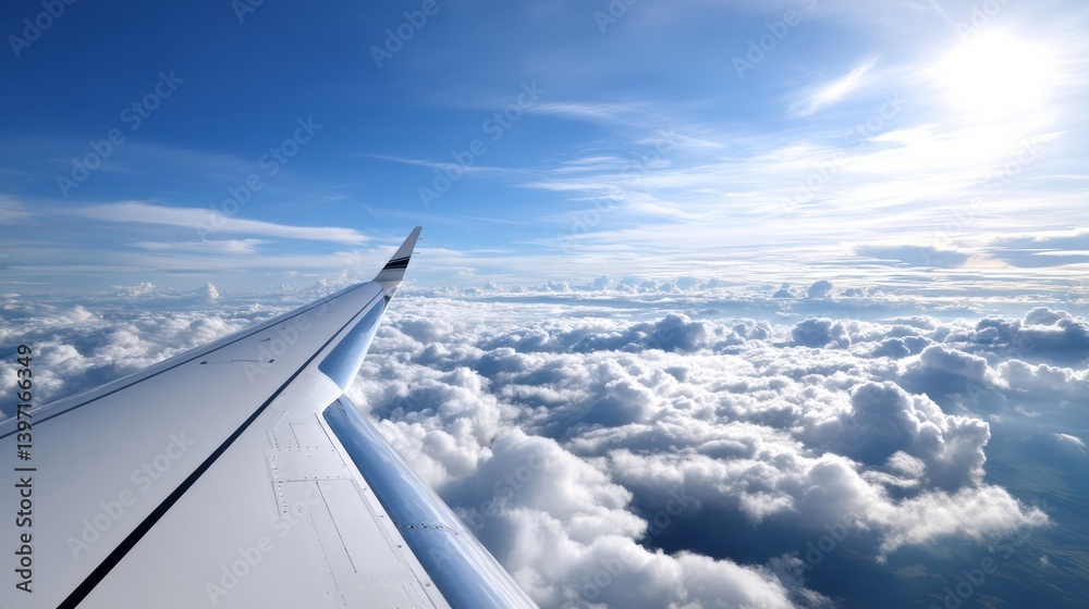 A serene view from an airplane wing, showcasing fluffy clouds and a bright blue sky under the sunlight. A serene view from an airplane wing, showcasing fluffy clouds and a bright blue sky under the sunlight.